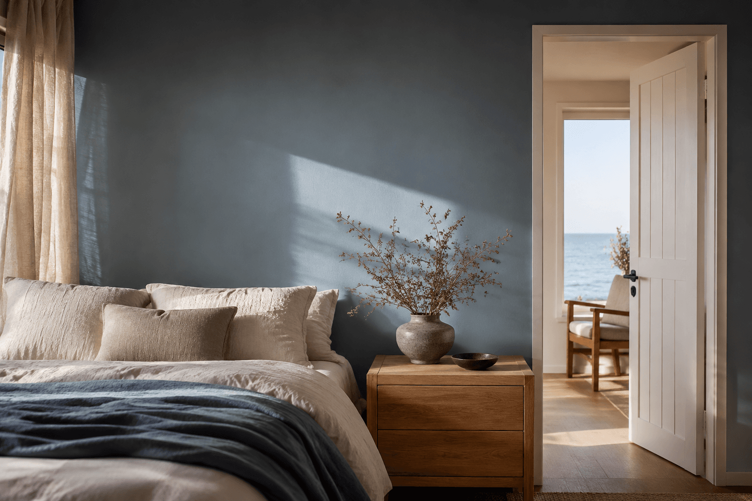 an ocean-blue bedroom with warm white trim and coastal light